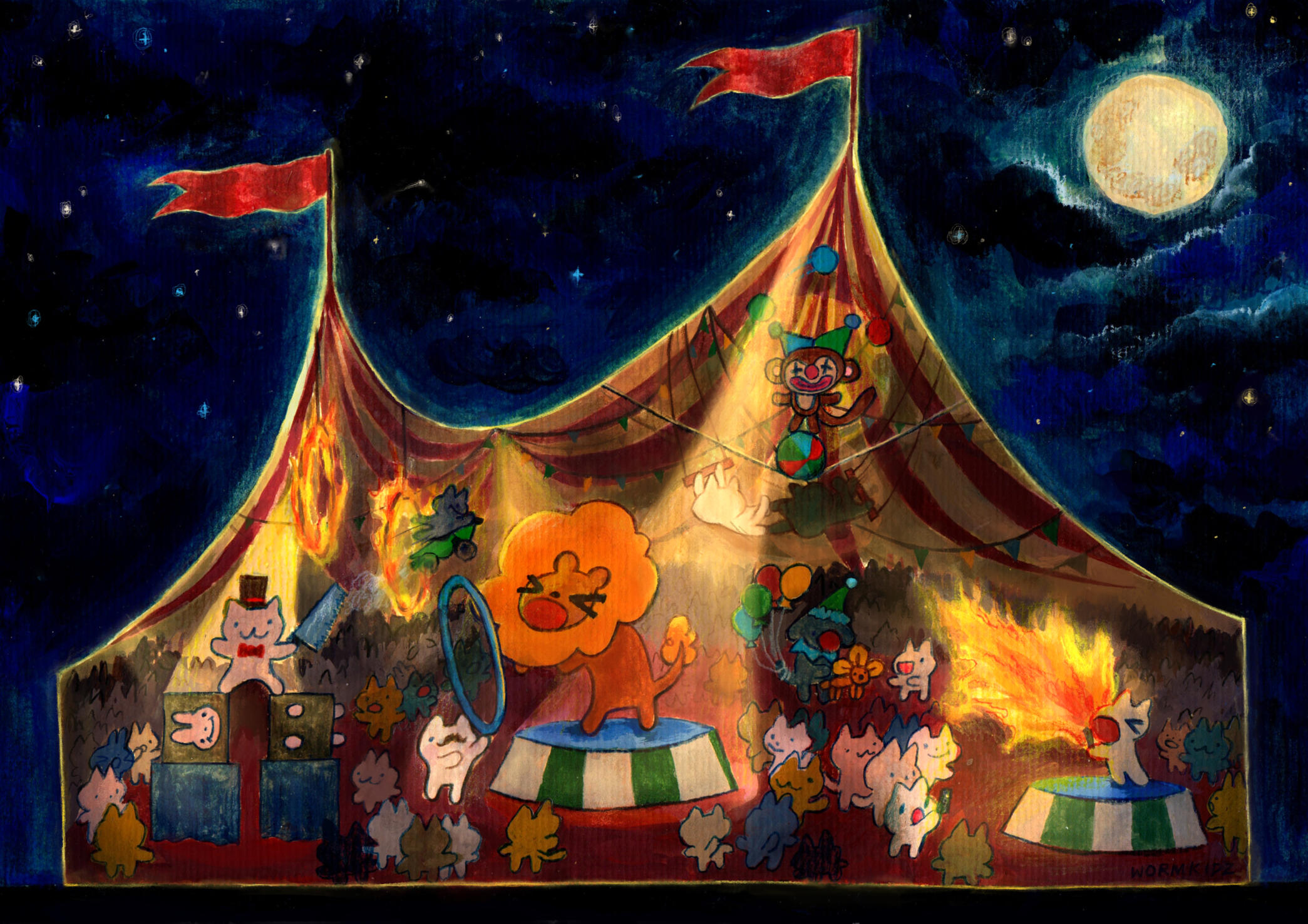 Circus Friends 2025 (21cm x 29.7cm watercolour paper, gouache, watercolour, coloured pencil, neo colours, procreate)