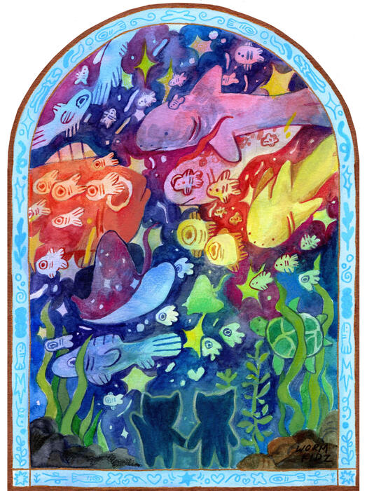 Aquarium Date 2025 (21cm x 29.7cm watercolour paper, gouache, watercolour, coloured pencil, paint marker)